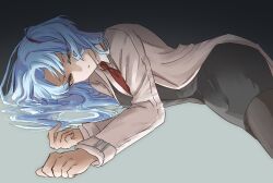  1girl a4_(a4_0712) angela_(project_moon) black_background black_skirt black_vest blue_hair brown_jacket brown_pantyhose collared_shirt commentary empty_eyes feet_out_of_frame grey_background highres jacket lobotomy_corporation long_hair long_sleeves looking_at_viewer lying necktie on_side pantyhose parted_lips pencil_skirt project_moon red_necktie shirt skirt solo two-tone_background untranslatable_commentary vest white_shirt yellow_eyes 