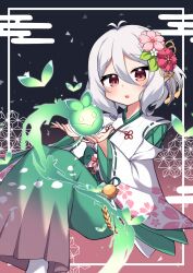  1girl abstract_background bell cherry_blossom_print commentary feet_out_of_frame floral_print flower furisode gradient_background green_kimono hair_between_eyes hair_flower hair_ornament hands_up highres inset_border japanese_clothes jingle_bell kariginu kimono kokkoro_(princess_connect!) lettu looking_at_viewer obi open_mouth petal_print princess_connect! red_eyes sash solo white_hair 