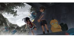  2boys absurdres bin_aham black_hair black_shorts black_socks brown_eyes cave clouds cloudy_sky collared_shirt commentary crossed_bangs double-parted_bangs drawstring florian_(pokemon) hair_between_eyes highres holding holding_leaf kieran_(pokemon) leaf letterboxed male_focus multiple_boys open_mouth outdoors parted_bangs plant pokemon pokemon_(creature) pokemon_scarlet_and_violet print_tank_top psyduck rain red_tank_top shirt shoes short_hair shorts sky sneakers socks standing standing_on_one_leg star_(symbol) storm tank_top tree untranslatable_commentary very_short_hair wet wet_hair white_shirt white_shoes white_shorts wing_collar wooper wringing_clothes 