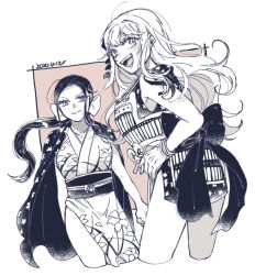  2girls arm_tattoo blush bow commentary_request dated floral_print floral_print_kimono greyscale_with_colored_background hair_bow japanese_clothes kimono long_hair looking_back multiple_girls nami_(one_piece) nico_robin obi one_piece open_mouth ponytail print_kimono sash short_kimono smile tattoo wakao_(wakaogm) 