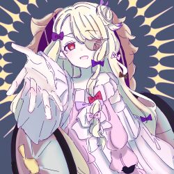  absurdres blonde_hair bow commentary dress eyepatch frilled_dress frilled_sleeves frills hair_bun hair_ornament highres long_hair looking_at_viewer mahou_shoujo_ikusei_keikaku mahou_shoujo_ikusei_keikaku_restart malu_661 open_mouth pfle purple_bow reaching red_bow red_eyes single_hair_bun smile untranslatable_commentary wheelchair 