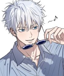  1boy absurdres adam's_apple blue_eyes blush buttons collarbone commentary_request dress_shirt eyelashes glasses gojo_satoru highres holding holding_removed_eyewear jujutsu_kaisen korean_commentary looking_to_the_side male_focus open_collar shirt short_hair simple_background smile solo unworn_eyewear westgun white_background white_hair 