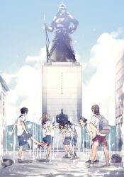  2boys 4girls backpack bag blue_shorts blue_skirt blue_sky commentary_request day korean_commentary multiple_boys multiple_girls omniscient_reader's_viewpoint outdoors people playing rroronn scenery school_uniform shirt shorts skirt sky splashing statue t-shirt water white_shirt 