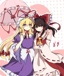  2girls arm_hug ascot blonde_hair blush bow brown_hair chinese_commentary choker closed_mouth commentary_request dated detached_sleeves dress frilled_bow frilled_hair_tubes frills hair_bow hair_tubes hakurei_reimu hat hat_ribbon highres holding holding_umbrella long_hair mob_cap multiple_girls multiple_hair_bows parasol pink_umbrella purple_dress red_bow red_eyes red_ribbon red_skirt ribbon ribbon-trimmed_sleeves ribbon_choker ribbon_trim skirt skirt_set smile touhou umbrella very_long_hair violet_eyes white_hat yakumo_yukari yellow_ascot yuri zi_ziyuan_zuhsjsh 