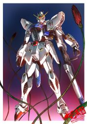  artist_name commentary_request earth_federation f91_gundam glowing glowing_eyes green_eyes gundam gundam_f91 highres mecha mobile_suit no_humans robot science_fiction simple_background solo taiga_hiroyuki v-fin 
