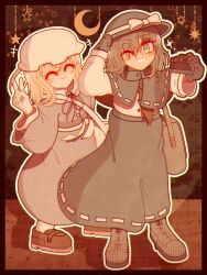  2girls ^_^ bag black_border black_capelet black_gloves black_skirt blonde_hair boots border brown_boots brown_eyes brown_shoes camera capelet closed_eyes closed_mouth collared_dress commentary_request crescent dress eight-pointed_star full_body gloves grin hexagram highres holding holding_camera long_sleeves maribel_hearn multiple_girls neck_ribbon necktie one_eye_closed open_mouth outline purple_dress red_necktie red_ribbon ribbon ribbon-trimmed_capelet ribbon-trimmed_skirt ribbon_trim shirt shirt_tucked_in shoes shoulder_bag skirt smile socks star_(symbol) tie_clip touhou usami_renko v white_outline white_shirt white_socks xyaxtu 