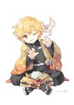  1boy ;d agatsuma_zenitsu bangs belt belt_buckle bird black_pants blonde_hair blush buckle buttons commentary_request crossed_legs dated fingernails food haori indian_style japanese_clothes katana kimetsu_no_yaiba long_sleeves looking_at_animal male_focus one_eye_closed onigiri open_mouth pants pocket sandals signature simple_background sitting smile sparrow sword tongue touko_(tokotoko) triangle_print weapon white_background white_belt wide_sleeves yellow_eyes 