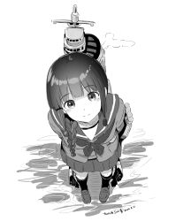  1girl braid commentary_request from_above grey_hair hair_over_shoulder kantai_collection kitakami_(kancolle) loafers long_hair looking_at_viewer mast mochisaka_mitsuki pleated_skirt rigging sailor_collar sailor_shirt school_uniform serafuku shirt shoes sidelocks single_braid skirt smile smokestack solo standing 