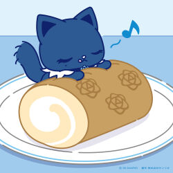  1girl :3 ado_(utaite) adorozatorumary animal_ears artist_request blue_flower cake cat_ears cat_girl cat_tail chibi chibi_only chibikemo closed_eyes commentary_request flat_color flower food furry furry_female licking_lips mini_person minigirl mole mole_under_eye musical_note official_art plate sanrio second-party_source sixteenth_note swiss_roll tail tongue tongue_out u_u 