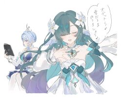  2girls aqua_hair armband bare_shoulders blue_dress blue_gem blue_gloves blue_hair book bow braid breasts bridal_gauntlets choker closed_eyes closed_mouth colored_inner_hair commentary cowboy_shot crystal_earrings detached_sleeves dress earrings feather_hair_ornament feathers feet_out_of_frame fins flower frilled_choker frills from_side fur_collar fur_trim gem genshin_impact gloves gradient_hair green_hair grey_choker hair_bun hair_flower hair_ornament hair_over_one_eye hairband half_up_braid hand_on_own_chest hand_up hands_up head_fins headpiece highres holding holding_book jewelry long_hair long_sleeves looking_at_object medium_breasts multicolored_hair multiple_girls musical_note necklace odette_(genshin_impact) open_book open_mouth pantyhose pearl_hair_ornament puffy_detached_sleeves puffy_long_sleeves puffy_sleeves purple_hair reading sato_0204 short_hair sidelocks simple_background singing single_bridal_gauntlet sitting sleeveless sleeveless_dress smile solo_focus speech_bubble standing strapless strapless_dress two-tone_dress two-tone_hair untranslatable_commentary very_long_hair violet_eyes vodyanitsa_(genshin_impact) wavy_hair white_armband white_background white_bow white_bridal_gauntlets white_dress white_feathers white_flower white_hairband white_pantyhose white_sleeves 