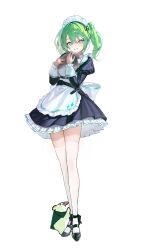  1girl absurdres apron belt black_belt black_dress black_shoes blush chico_(yuzuha_riko) commentary creature dress full_body green_hair grin hands_up highres holding holding_tray legs long_legs looking_at_viewer maid maid_apron maid_headdress medium_hair petticoat pupik shoes short_dress simple_background smile solo standing stellive thigh-highs tray twintails violet_eyes virtual_youtuber white_apron white_background white_thighhighs yuzuha_riko zettai_ryouiki 