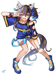  1girl absurdres animal_ears bead_bracelet beads belt blue_hair blue_shirt blush bracelet breasts brown_hair collarbone commentary_request cutoffs daitaku_helios_(fun_fun_party_night)_(umamusume) daitaku_helios_(umamusume) ear_covers facial_tattoo fang hair_ornament hairclip hand_on_own_knee highres horse_ears horse_girl horse_tail jewelry long_hair looking_at_viewer multicolored_hair multicolored_nails necklace one_eye_closed open_clothes open_mouth sasami_oishine shirt shoes shorts side_ponytail small_breasts smile solo star_(symbol) star_hair_ornament streaked_hair tail tattoo tied_shirt umamusume v white_shorts yellow_belt yellow_eyes 