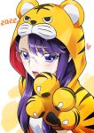  1girl 2022 animal_print bangs commentary_request eyebrows_visible_through_hair eyelashes glasses heartcatch_precure! highres hood light_blush long_hair looking_at_viewer open_mouth precure purple_hair sketch solo tiger_print tsukikage_oyama tsukikage_yuri violet_eyes 