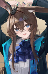  1girl absurdres amiya_(arknights) animal_ear_fluff animal_ears arknights armpits ascot black_jacket blue_ascot blue_collar blue_eyes blush brown_hair collar commentary_request crossed_bangs hair_between_eyes hair_ornament heart_arms highres jacket jewelry long_sleeves looking_at_viewer mikuning multiple_rings neck_ring open_clothes open_jacket open_mouth rabbit_ears rabbit_girl ring shirt single_bare_shoulder sleeveless sleeveless_shirt smile solo teeth upper_teeth_only 
