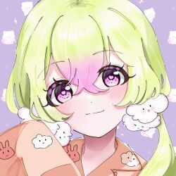  1girl animal_print blonde_hair blush closed_mouth cloud_print commentary_request hair_ornament highres long_hair looking_at_viewer mahou_shoujo_ikusei_keikaku mahou_shoujo_ikusei_keikaku_unmarked malu_661 multicolored_hair nemurin pajamas pink_eyes pink_hair rabbit_print smile 