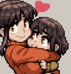  2girls big_sister_(navigavi) brown_hair child closed_mouth commentary_request do_not_want grey_background heart jun_(navigavi) little_sister_(navigavi) long_sleeves looking_at_another looking_at_viewer medium_hair multiple_girls open_mouth orange_eyes orange_sweater original pixel_art pixel_heart short_hair siblings sidelocks simple_background sisters smile sweater turtleneck turtleneck_sweater upper_body yellow_sweater 