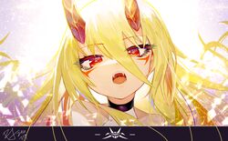  1girl absurdres backlighting blonde_hair eyebrows_visible_through_hair face facial_mark fangs hair_between_eyes highres horns long_hair open_mouth original pg_(pege544) red_eyes red_horns signature solo 