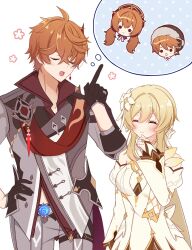  1boy 1girl blonde_hair breasts bridal_gauntlets brother_and_sister brothers colored_speech_bubble detached_sleeves dress earrings family flower fur_hat genshin_impact gold_ring grey_jacket grey_pants hair_between_eyes hair_ornament hat highres jacket jewelry long_hair lumine_(as_heaven_and_earth_are_made_anew)_(genshin_impact) lumine_(genshin_impact) mandarin_collar mask mask_on_head medium_breasts middle_ring official_alternate_costume orange_hair pants red_mask red_scarf scarf short_hair_with_long_locks siblings side_cape simple_background single_earring skam00x speech_bubble tartaglia_(genshin_impact) tassel tassel_earrings teucer_(genshin_impact) tonia_(genshin_impact) twintails ushanka vision_(genshin_impact) white_background white_bridal_gauntlets white_dress white_flower white_scarf white_sleeves 