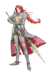  1girl alternate_costume closed_mouth colored_pencil_(medium) commentary english_commentary fire_emblem fire_emblem:_radiant_dawn full_body green_eyes highres holding holding_polearm holding_weapon kazuko_(towa) lips long_hair polearm red_hair simple_background solo titania_(fire_emblem) traditional_media weapon white_background 