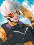  1girl apex_legends bangs bodysuit brown_eyes clouds grey_hair headset highres looking_at_viewer open_mouth orange_bodysuit portrait salute short_hair sketch sky smile solo sparkle sunglasses tama_(ponz3o1) unfinished valkyrie_(apex_legends) 