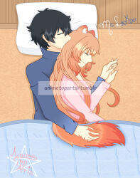  1boy 1girl animal_ear_fluff animal_ears artist_name black_hair blue_shirt breasts brown_hair collared_shirt commentary couple duvet english_commentary fanfiction_available from_above hand_on_another's_tail hetero highres holding_hands iwatani_naofumi long_hair long_sleeves low_neckline lying malockser medium_breasts messy_hair on_floor pillow pink_sweater raccoon_ears raccoon_girl raccoon_tail raphtalia shirt short_hair signature sleeping straight_hair sweater tail tanuki tate_no_yuusha_no_nariagari upper_body watermark 