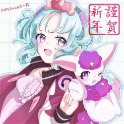  1girl absurdres aqua_hair blush commentary_request hair_ornament highres jacket looking_at_viewer magical_girl mahou_shoujo_ikusei_keikaku mahou_shoujo_ikusei_keikaku_f2p malu_661 mees_(mahoiku) open_mouth short_hair smile stella_lulu translation_request violet_eyes 