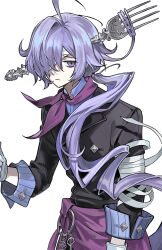  1boy :| ahoge bandage_over_one_eye bandaged_arm bandages black_jacket closed_mouth extraspiky fork_in_head gloves hair_over_one_eye highres jacket long_hair long_sleeves looking_at_viewer low_ponytail male_focus neckerchief object_through_head original ponytail purple_hair purple_neckerchief simple_background slouching solo upper_body violet_eyes white_background white_gloves 
