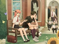  2girls 5boys absurdres ahoge anya_(spy_x_family) ball bead_bracelet beads becky_blackbell bench bento black_pants black_shirt black_shoes black_shorts black_skirt blonde_hair blunt_bangs bowl_cut bracelet braid briefcase brown_eyes brown_hair brown_socks buck_teeth bug butterfly collared_shirt cross_tie damian_desmond dress_shoes ducartoon emile_elman ewen_egeburg eyepatch facial_hair flower food full_body gold_trim green_eyes grey_hair hair_between_eyes hair_ornament hairclip hairpods henry_henderson highres holding holding_food holding_towel jewelry long_hair mary_janes mohawk mr._green_(spy_x_family) multiple_boys multiple_girls mustache necktie old old_man open_mouth outdoors own_hands_together pants parted_bangs pink_hair pleated_skirt ponytail red_cross_tie red_necktie scar scar_on_face scar_on_nose school shirt shoes short_hair shorts sitting skirt smile sneakers soccer_ball socks spy_x_family statue sunflower sweatdrop teeth towel twin_braids twitter_username white_flower white_shirt white_shoes white_socks yellow_flower 