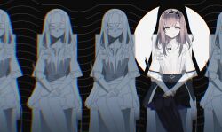  5girls absurdres arknights black_hairband black_pantyhose black_skirt chair chromatic_aberration clone closed_eyes closed_mouth facing_viewer grey_eyes grey_hair hairband highres lab_coat lapels long_hair looking_at_viewer multiple_girls nishimiya_aki on_chair own_hands_together pantyhose priestess_(arknights) shirt sitting skirt smile solo_focus split_mouth spotlight turtleneck turtleneck_shirt white_shirt 