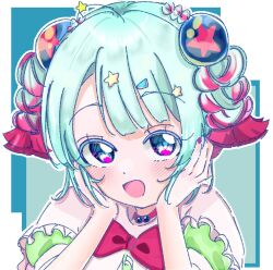  aqua_hair blush bow braid commentary commentary_request dreamy_chelsea dress frilled_dress frills hair_ornament highres looking_at_viewer magical_girl mahou_shoujo_ikusei_keikaku mahou_shoujo_ikusei_keikaku_breakdown malu_661 multicolored_hair open_mouth pink_hair red_bow short_hair smile star_(symbol) star_hair_ornament untranslatable_commentary 