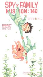  1boy 1girl anya_(spy_x_family) aqua_panties aqua_shirt black_hair blush chandora_ra child clenched_teeth commentary_request copyright_name damian_desmond falling falling_leaves flower full_body furrowed_brow green_eyes hairpods highres holding_hands leaf medium_hair open_mouth panties pink_hair shirt shoes short_hair spy_x_family teeth twitter_username underwear white_background white_flower white_shoes wide-eyed 