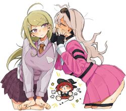  3girls ahoge akamatsu_kaede backpack bag black_gloves black_hat black_jacket blonde_hair blush chibi closed_eyes closed_mouth collared_shirt commentary_request danganronpa_(series) danganronpa_v3:_killing_harmony fingerless_gloves from_side gloves goggles goggles_on_head hair_ornament hairclip hat iruma_miu jacket long_hair long_sleeves messy_hair multiple_girls musical_note necktie open_mouth orange_necktie pink_shirt pink_skirt purple_skirt raised_eyebrow red_hair red_skirt sailor_collar shirt short_hair siiaka023 skirt top_hat violet_eyes white_background white_bag white_sailor_collar yumeno_himiko 