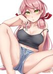  1girl absurdres akashi_(kancolle) barefoot blue_shorts blush breasts camisole collarbone eyebrows_visible_through_hair feet_out_of_frame green_eyes hair_between_eyes hair_ribbon highres holding holding_wrench kantai_collection kiritto large_breasts long_hair looking_at_viewer navel open_mouth pink_hair red_ribbon reward_available ribbon short_shorts shorts simple_background solo strap_slip sweat tress_ribbon white_background wrench 