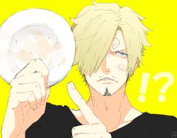  !? 1boy black_shirt blue_eyes clenched_teeth clip_studio_paint_(medium) commentary_request curly_eyebrows curry_gohan facial_hair goatee hair_over_one_eye holding looking_at_viewer male_focus mustache one_piece pointing sanji_(one_piece) shirt short_hair simple_background solo teeth yellow_background 