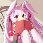  1girl animal_ear_fluff animal_ears bangs blush book bow chair covering_mouth dress eyebrows_visible_through_hair flower hair_bow hair_flower hair_ornament hair_ribbon hisana holding holding_book holding_pen long_hair looking_at_viewer original pen pink_dress pink_eyes pink_hair rabbit_ears red_bow red_ribbon ribbon sitting solo white_legwear wristband 