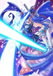  2girls absurdres angry arm_warmers black_boots blue_eyes blue_hair boots butterfly_brooch butterfly_earrings butterfly_hair_ornament closed_mouth commentary_request cure_aqua dark_aqua dark_cure_(precure) dress earrings full_moon glowing glowing_sword glowing_weapon hair_ornament high_ponytail highres itou_shin'ichi jewelry long_hair looking_at_another minazuki_karen moon multiple_girls ponytail precure serious strapless strapless_dress sword_fight weapon white_dress yes!_precure_5 