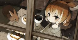  1girl animal animal_ears banana black_eyes blonde_hair blush bread bread_slice brown_hair closed_mouth coffee coffee_mug colored_tips commentary_request cup dress egg food fried_egg fruit hair_bun holding holding_cup indoors long_sleeves looking_outside mug multicolored_hair original plate rabbit rabbit_ears rabbit_girl rain sakutake_(ue3sayu) short_hair single_hair_bun steam steaming_cup striped_clothes striped_dress table toast upper_body vertical-striped_clothes window window_shadow wooden_floor wooden_table 