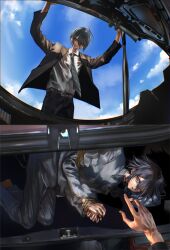  2boys absurdres ahoge barefoot belt belt_buckle black_hair black_jacket black_pants blazer blue_shoes blue_sky bound bound_wrists buckle buttons car_trunk clouds collared_jacket collared_shirt commentary cowboy_shot danganronpa_(series) danganronpa_v3:_killing_harmony day fingernails frown gakuran grey_belt grey_necktie hair_between_eyes happy high_collar highres jacket kidnapping lapels long_hair_between_eyes long_sleeves looking_at_viewer male_focus memeeo0o multiple_boys necktie notched_lapels official_alternate_costume oma_kokichi open_mouth outdoors pants pocket pov purple_hair reaching rope saihara_shuichi school_uniform shirt shoes short_hair sky sneakers striped_clothes striped_necktie suit_pants surprised unworn_shoes variations violet_eyes white_shirt yandere 