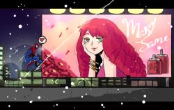 1boy 1girl billboard black_border border city city_lights cityscape evening green_eyes heart marvel marvel_tokon:_fighting_souls mary_jane_watson night peter_parker red_hair rooftop silk sketch smile speech_bubble spider-man spider-man_(series) spider_web wanderjegson 