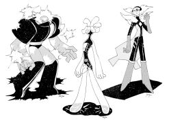  3girls alien full_body gem_(steven_universe) greyscale monochrome monster_girl multiple_girls nephrite_(steven_universe) orange_spodumene sakakikaga see-through_body skirt snowflake_obsidian standing steven_universe 