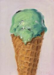  commentary english_commentary food food_focus highres ice_cream ice_cream_cone mint_chocolate no_humans noah_verrier oil_painting_(medium) original painting_(medium) simple_background traditional_media waffle_cone white_background 