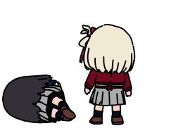  2girls black_hair blonde_hair blue_socks brown_shoes chibi chibi_only commentary_request from_behind hair_ribbon imigimuru inoue_takina long_hair lycoris_recoil lycoris_uniform lying multiple_girls nishikigi_chisato on_side one_side_up red_eyes ribbon shoes short_hair simple_background socks white_background 
