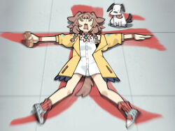  :3 absurdres animal animal_ears braid brown_eyes brown_hair cocomayo29_(tomato) commentary_request dog dog_ears dog_girl dog_tail fang food full_body hair_between_eyes highres holding holding_food hololive hot_dog inugami_korone inugami_korone_(1st_costume) korean_commentary long_sleeves looking_at_another open_mouth tail tongue tongue_out twin_braids virtual_youtuber 