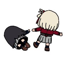  2girls black_hair blonde_hair blue_socks brown_shoes chibi chibi_only commentary_request falling from_behind hair_ribbon imigimuru inoue_takina long_hair lycoris_recoil lycoris_uniform multiple_girls nishikigi_chisato one_side_up red_eyes ribbon shoes short_hair simple_background socks white_background 