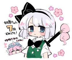  2girls arrow_(symbol) black_bow black_bowtie black_hairband blue_eyes blue_hat blush bow bowtie closed_eyes closed_mouth collared_shirt facing_viewer green_vest grey_hair hairband harunori_(hrnrx) hat head_only highres katana konpaku_youmu looking_at_viewer mob_cap multiple_girls open_mouth pink_eyes pink_hair saigyouji_yuyuko sheath sheathed shirt short_hair short_sleeves simple_background smile sword sword_on_back touhou touhou_22nd_popularity_poll translation_request triangular_headpiece vest weapon weapon_on_back white_background white_shirt 