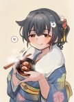  1girl artist_name beige_background black_hair blue_kimono blush bowl chopsticks closed_mouth dated eyebrows_visible_through_hair floral_print fur-trimmed_kimono fur_trim hair_between_eyes hair_flaps heart highres holding holding_bowl japanese_clothes jingei_(kancolle) kantai_collection kimono kirisawa_juuzou long_hair long_sleeves obi one-hour_drawing_challenge panties print_panties red_eyes sash simple_background smile solo spoken_heart tongue tongue_out underwear upper_body wide_sleeves 