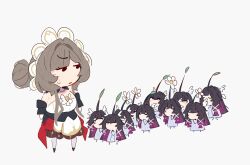 brown_hair chibi clone closed_eyes columbina_(genshin_impact) dress flower genshin_impact hair_bun leaf leaf_on_head long_hair pikmin_(creature) pikmin_(series) purple_hair sandrone_(genshin_impact) sweatdrop unfamousradish white_flower 