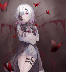  1girl absurdres belt black_choker black_coat blood blood_wings bruise bruise_on_face bug butterfly center_frills choker coat collared_coat commentary_request cowboy_shot cracked_skin flower-trimmed_shorts flower-trimmed_sleeves frills gadenia_(kutinashi0916) gradient_hair hair_ornament highres injury long_sleeves looking_at_viewer mahou_shoujo_no_majo_saiban multicolored_hair neck_ribbon o-ring o-ring_thigh_strap pants pink_eyes pink_hair red_butterfly ribbon sakuraba_ema shirt short_hair shorts simple_background sleeveless sleeveless_coat solo spoilers thigh_strap white_background white_hair white_pants white_ribbon white_shirt white_shorts white_sleeves witch_(manosaba) x_hair_ornament 