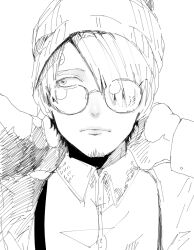  1boy clip_studio_paint_(medium) close-up closed_mouth collared_shirt commentary_request curly_eyebrows curry_gohan facial_hair glasses goatee greyscale hair_over_one_eye hat looking_to_the_side male_focus monochrome one_piece sanji_(one_piece) shirt simple_background solo 