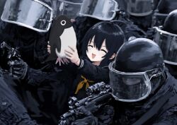  1girl 6+boys absurdres assault_rifle bird black_hair black_mask black_sailor_collar black_shirt combat_helmet from_above gun handgun helmet highres holding holding_weapon long_hair mask multiple_boys neckerchief odd_one_out orange_neckerchief original penguin rifle sailor_collar scope shirt solo_focus suibotsu_(wired) tactical_clothes weapon 